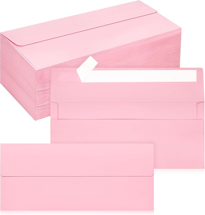 200 Pack #10 Business Envelopes, Self Seal Standard Pink Envelopes by QIKSION