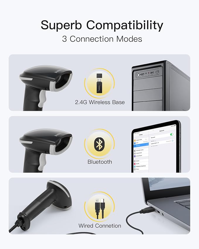 Inateck 2D Barcode Scanner, Wireless Bluetooth QR Barcode Scanner, Handheld - Image 4