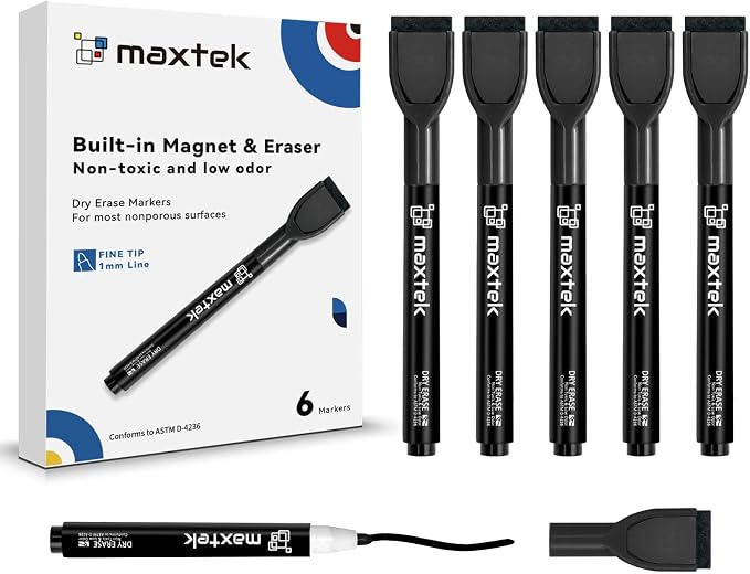 maxtek Magnetic Black Dry Erase Markers, Thin Markers Low Odor by Maxtek