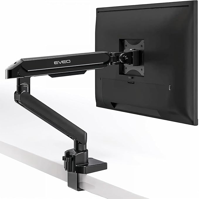 EVEO Premium Single Monitor Arm 14"–34", Adjustable Gas Spring Monitor Mount, Single Arm Desk Mount for 34 Inch Computer Screens, VESA Compatible Stand with Clamp and Grommet Base – Black-DeskLoop Office