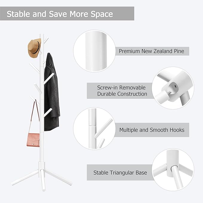 Wooden Coat Rack, Free Standing Coat Rack with 8 Hooks 3 Adjustable Heights for Clothes, Hats, Handbags, Coat Tree Easy Assembly for Entryway, Bedroom, Hallway, Office (New White)-DeskLoop Office