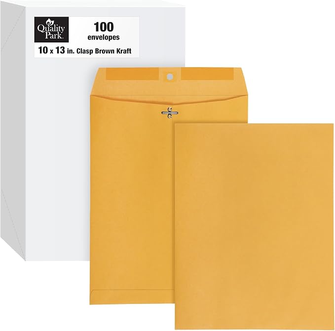 Quality Park 10" x 13" Clasp Envelopes, Heavy 32 lb Brown Kraft, Gummed Flap by Quality+Park