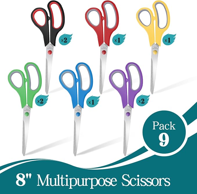 9 Packs 8" Sewing Craft Scissors Bulk, All Purpose Stainless Steel Scissors - Image 2