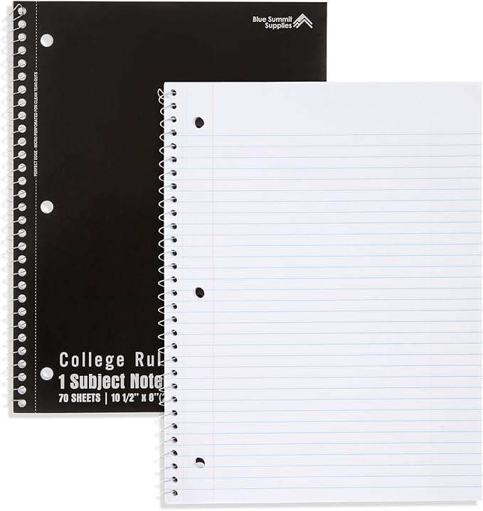 Blue Summit Black Spiral Notebooks Bulk, One Subject Spiral Notebook College Ruled, Perforated Notebook, 8 x 10.5 for Work and School, Paper, College Ruled, Bulk 48 Pack-DeskLoop Office