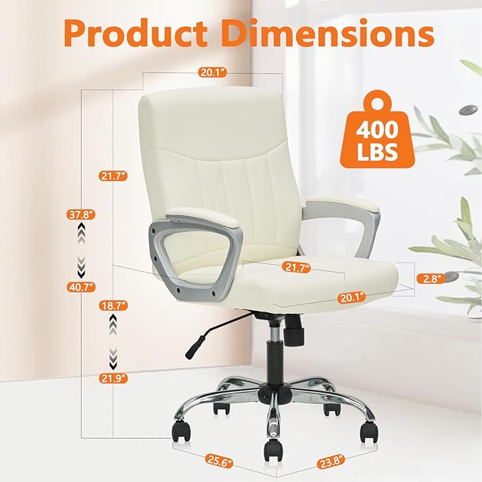 CLATINA Office Computer Desk Chair Executive Mid Back Ergonomic Managerial Chair with Lumbar Support Comfortable Adjustable PU Leather Home Office Chair Swivel, White 8PK-DeskLoop Office