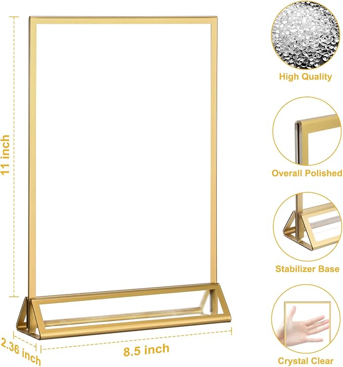 EHWINE 16 Pack Acrylic Sign Holder 8.5 x 11, Double Sided Gold Picture Frame - Image 3