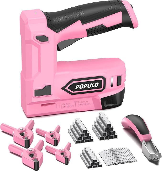 POPULO Pink Electric Staple Gun, 4V Cordless Battery Powered Staple Gun by populo