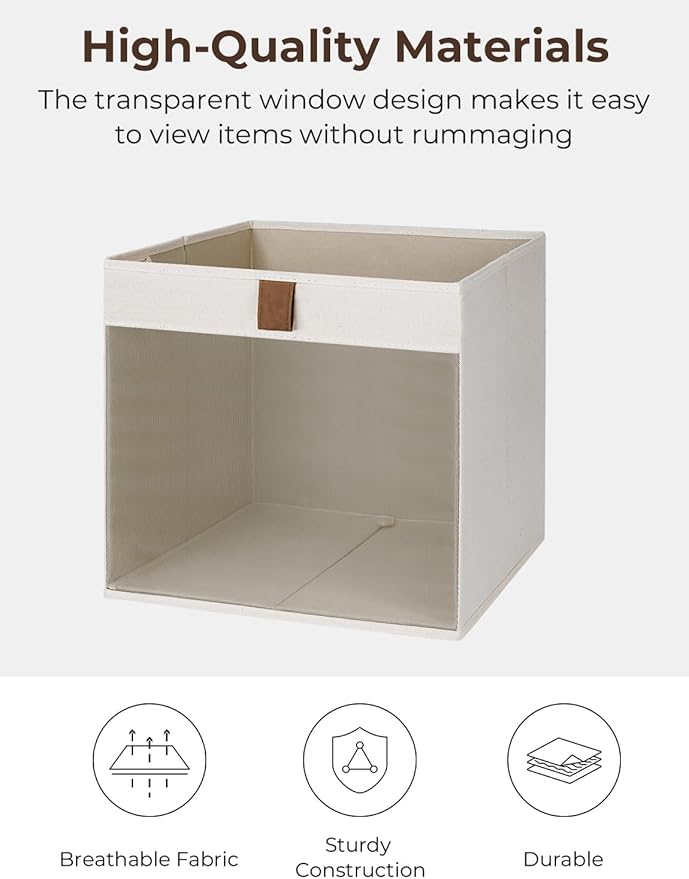 StorageWorks 11x11 Storage Cubes, Closet Storage Bins with Clear Window, Fabric Organizer for Clothes, Collapsible Storage Baskets with PU Handles, Beige, 3-Pack-DeskLoop Office