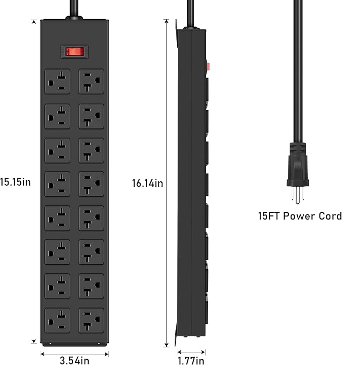 JUNNUJ Heavy Duty 20 Amp Power Strip, Garage 16 Outlets Metal 12 Gauge Surge Protector 3000J, High Amp 5-15P Adapter Shop 6-20R T-Slot Industrial Outlets (16AC, 15FT)-DeskLoop Office