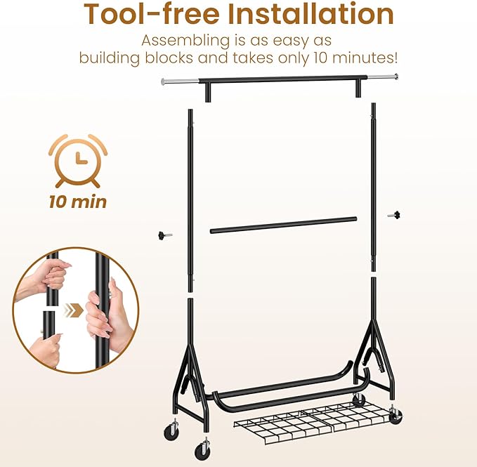 Heavy Duty Clothes Rack for Hanging Clothes, Double Rods Clothing Rack with Lockable Wheels, Rolling Garment Racks with Shelf, Easy to Assemble, Black-DeskLoop Office