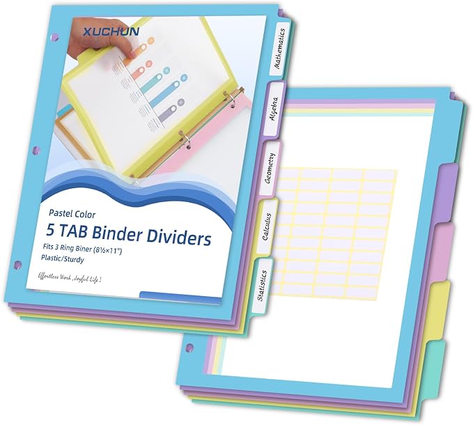XUCHUN Binder Dividers, 5 Tab Dividers Clear Plastic Subject dividers by XUCHUN