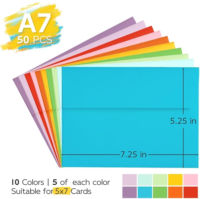 Colored Envelopes Self Seal A7 50 Pack, 10 Colors, Goefun 5.25 x 7.25 Printable - Image 2