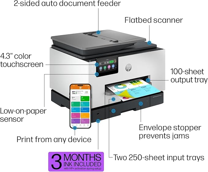 HP OfficeJet Pro 9135e All-in-One Printer, Color, Printer-for-Small Medium Business, Print, Copy, scan, fax, Wireless, 3 Months of Instant Ink Included; Two-Sided Printing; Two-Side (Renewed Premium)-DeskLoop Office
