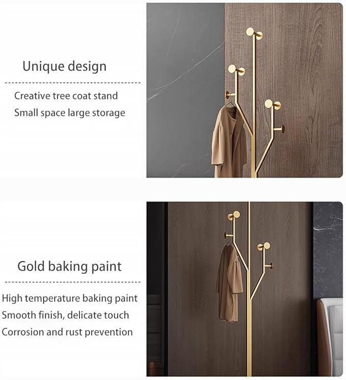 Gold Coat rack,Sturdy coat tree freestanding heavy duty with Marble Base,Metal standing coat rack for Bedroom,Entrance,Modern coat hanger stand for Coats,Hats,Bags(gold)-DeskLoop Office