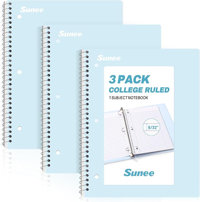 SUNEE Spiral Notebooks, 3 Pack, College Ruled Paper, 70 Sheets per Notebook by SUNEE