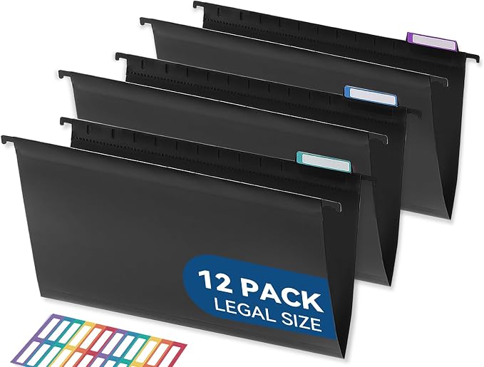 SortRax Plastic Legal Size Hanging File Folders, 12 Pack Black Hanging Folders by SortRax