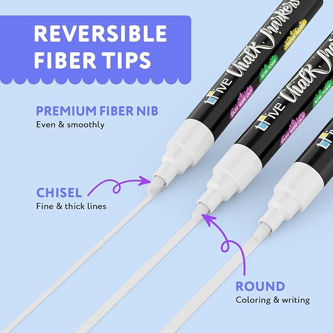 TFIVE White Chalk Markers - Dry & Wet Erase Marker Pens for Chalkboards, Signs, Windows, Blackboard, Glass, Mirrors, Liquid chalkboard markers with Reversible Tip and 24 Labels(8 Pack)-DeskLoop Office