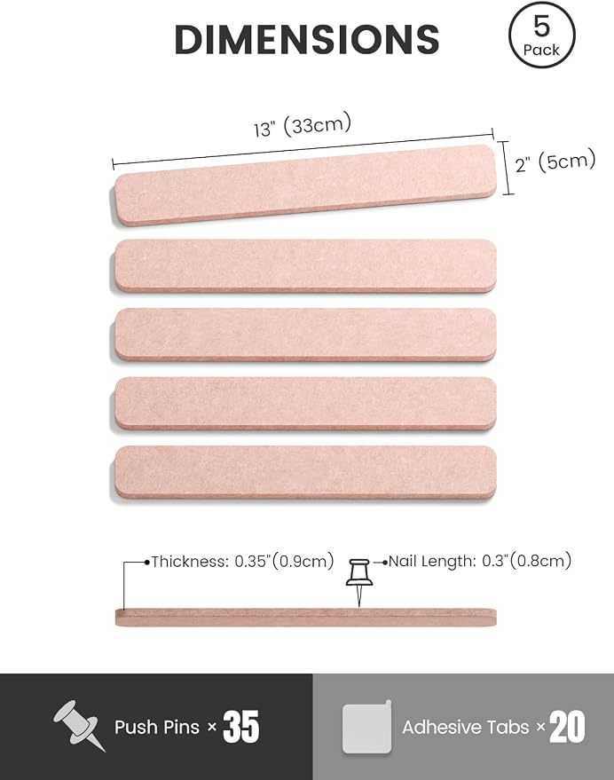 Fluxynara Cork Board Alternative Felt Strip Board 5-Pack 13"x2", Office Pin - Image 2
