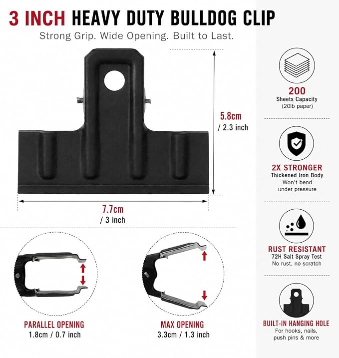 Coideal Black Metal Bulldog Clips 3 Inch – 10 Pack Large Binder Paper Clamps - Image 7