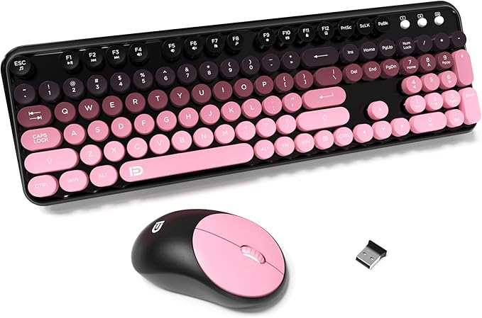 FD Wireless Keyboard and Mouse Combo - 2.4G Full-Sized Cute Colorful Mouse and Keyboard with 104 Round Keys Retro Typewriter Keyboards for Laptop/Windows/PC - Pink Gradient-DeskLoop Office