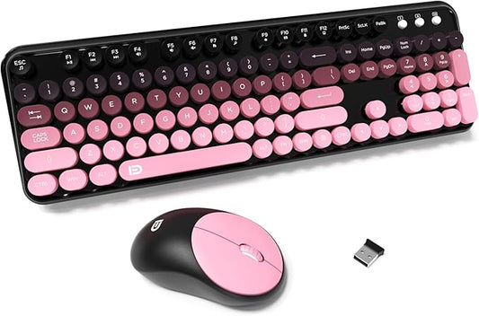 FD Wireless Keyboard and Mouse Combo - 2.4G Full-Sized Cute Colorful Mouse and Keyboard with 104 Round Keys Retro Typewriter Keyboards for Laptop/Windows/PC - Pink Gradient-DeskLoop Office