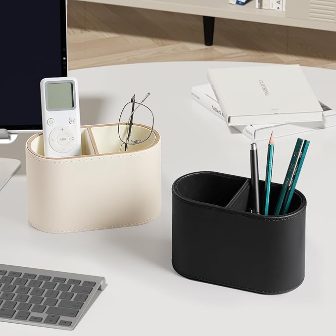 PU Leather Pen Holder for Desk, Small Remote Control Holder Pencil Cup Multifunctional Desktop Organizer Caddy for Home School Office Desk Accessories - 2 Compartments (Black)-DeskLoop Office