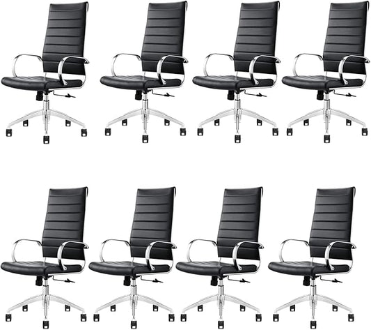 Ribbed High Back Conference Room Chairs - Lumbar Support, Modern Style Executive Chair for Home and Office - 360 Swivel Rolling Wheels - Aluminum Chrome Frame & Base - Black (Pack of 8)-DeskLoop Office
