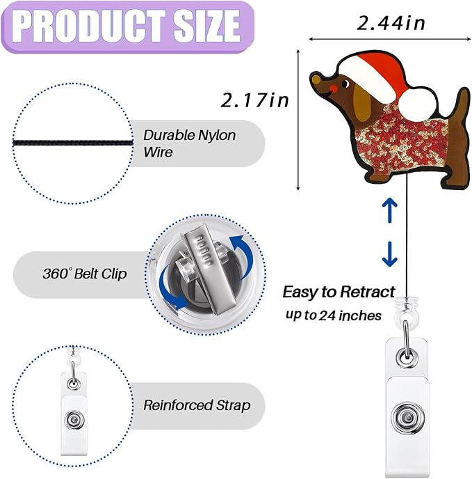 Christmas Dachshund Shaker Badge Reel Retractable, Cute Wiener Dog Badge Reel - Image 2