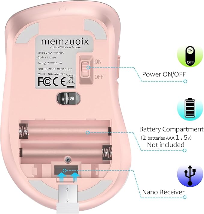 memzuoix 2.4G Wireless Mouse, 1400 DPI Computer Mice with USB Receiver, Portable Wireless USB Mouse Battery Powered Cordless Mice for Laptop, PC, Desktop, 5 Buttons (White Pink)-DeskLoop Office