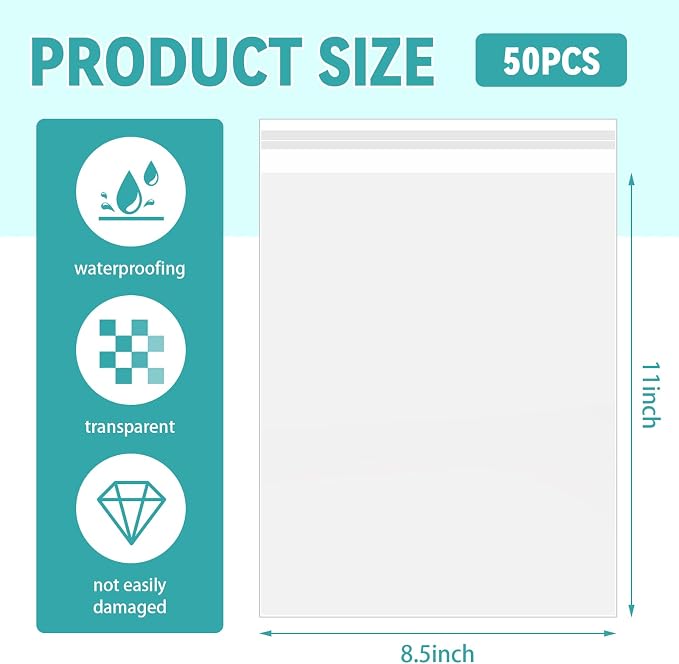 VOKOY 50 Pack 8.5 x 11 Inch Crystal Clear Sleeves Storage Bags, Letter Size - Image 2