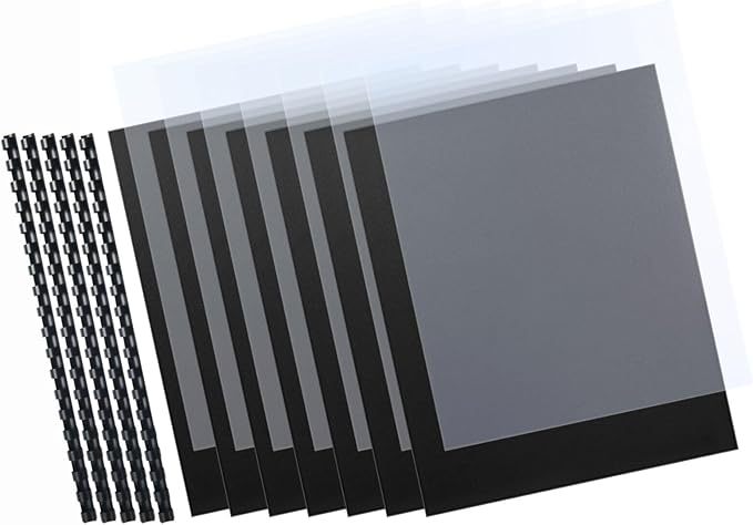 HOUYEE 180 Pack Binding Covers Set: 60 Pcs 3/8 Inch Black Binding Combs, 8.5x11 Inches, 60 Pcs 10 Mil Clear Binding Covers, 60 Pcs 12Mil Black Sand Texture, Letter Size-DeskLoop Office
