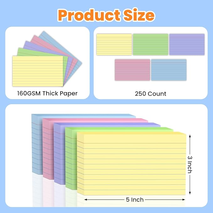 500PCS Index Cards 3 x 5 Inch, Colored Flash Cards, Lined Flashcards Notecards - Image 2