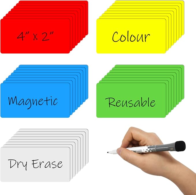 Dry Erase Magnetic Labels, 4x2 Inch, 40 Pieces in 5 Colors, by MVISUALOfficeProduct