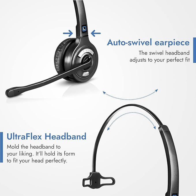 Leitner LH370 3-in-1 Wireless Office Headset with Mic – Computer, Telephone, and Cell Phone Headset – 5 Year Warranty – Single-Ear
