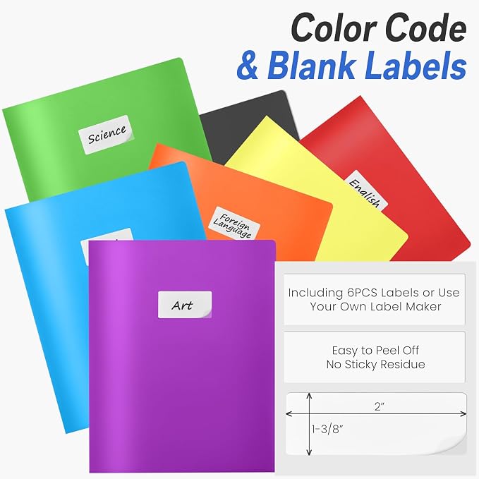 Sooez 7 Pack Folders with Pockets, 2 Pocket Folders with Extra Labels, Plastic - Image 2