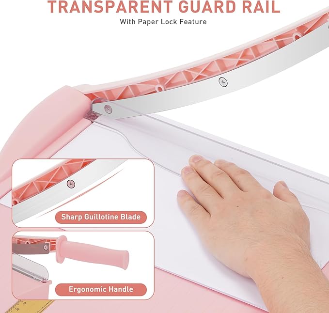 Paper Cutter, Paper Slicer with Safety Guard and Blade Lock, 12" Cut Length Guillotine Paper Cutter with 16 Sheet Capacity, Paper Cutters and Trimmers for Cardstock Cardboard (Pink)-DeskLoop Office