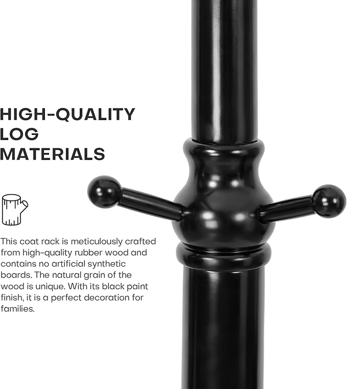 Wood Coat Rack Coat Tree Freestanding with Hooks, Heavy Duty Standing Coat Rack with Solid Round Base, 74” Tree Shaped Coat Hanger Stand for Clothes, Hat, Jacket, Entryway Bedroom, Balck-DeskLoop Office