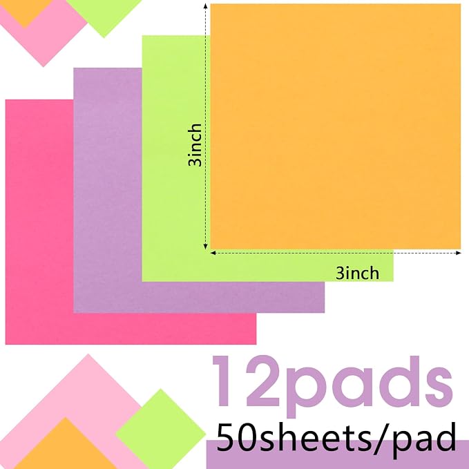 Thenshop 12 Pads Neon Fluorescent Pastel Sticky Notes 3''x3'', Self Stick Notes - Image 2