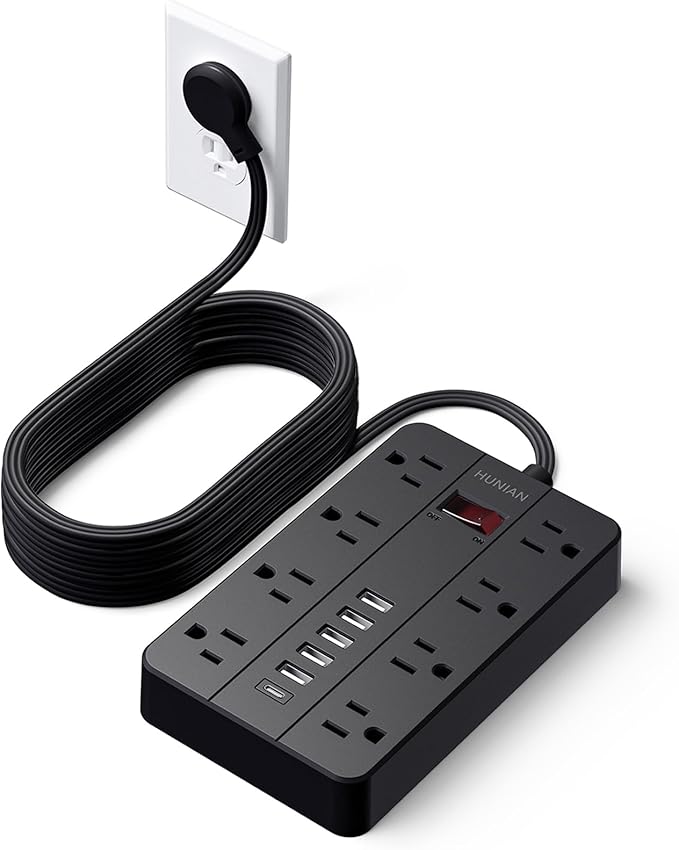 15 Ft Long Extension Cord Power Strip Surge Protector, HUNIAN Flat Plug with 8 Widely Spaced Outlets 6 USB, Wall Mount Charging Station for Home and Office, Black-DeskLoop Office
