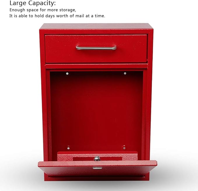 KYODOLED Steel Key Lock Mail Boxes Outdoor, Locking Wall Mount Mailbox, Security Key Drop Box, Collection Boxes,16.2H x 11.22L x 4.72W Inches, Red X Large-DeskLoop Office