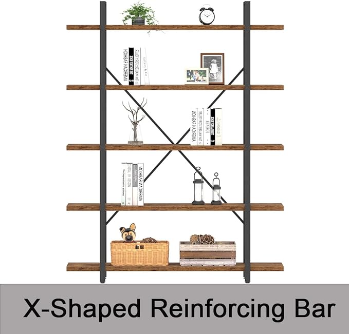 HSH Rustic Bookcases and Book Shelves 5 Shelf, Metal Wood 5 Tier Bookshelf and Storage Book Rack, Vintage Large Book Shelf for Bedroom Living Room Office,Open Vertical Display Etagere Book Case, Brown-DeskLoop Office
