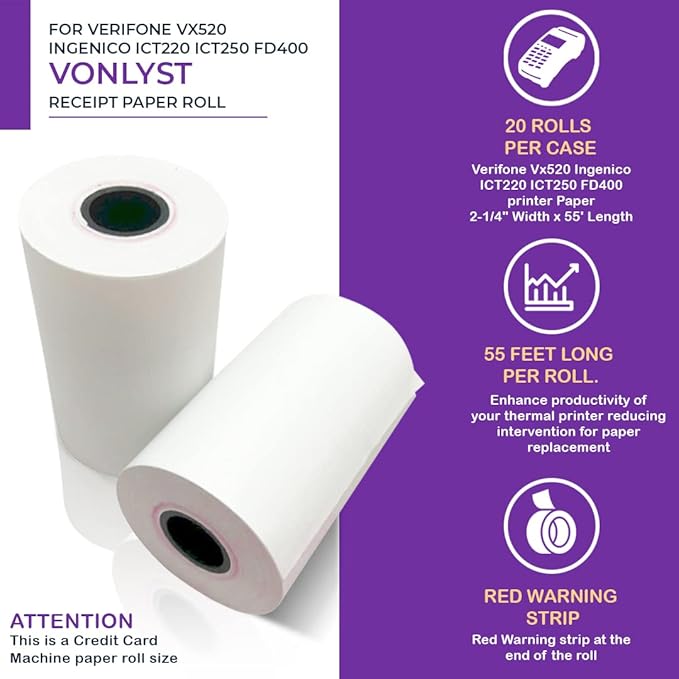 Thermal Paper Roll 2 1/4 x 55 for Verifone Vx520 Ingenico ICT220 ICT250 FD400 (20 rolls)