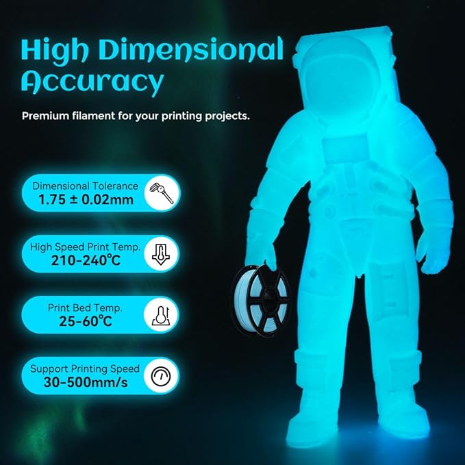 FLASHFORGE Glow in The Dark Rapid PLA Filament 1.75mm, High Flow Speedy 3D Printer Filament Luminous Blue, Max 500mm/s High-Speed Printing, High Brightness and Long-Lasting Glowing Effect-DeskLoop Office