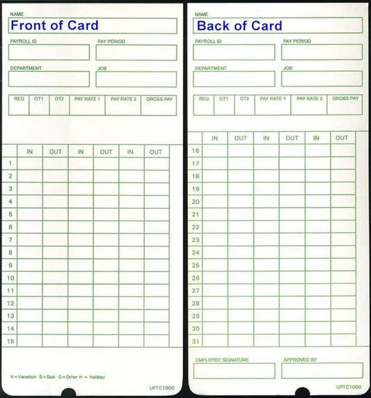 100 Time Cards for uPunch HN3000 AutoAlign Time Clock (uPTC1000-1 fits HN1000, HN1500, HN3000, HN3500, HN3540, UB1000) Non-Calculating Compatible-DeskLoop Office