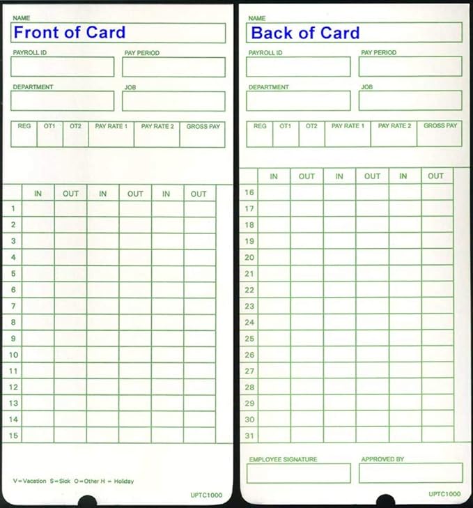 300 Time Cards for uPunch HN3000 AutoAlign Time Clock (uPTC1000-1 fits HN1000, HN1500, HN3000, HN3500, HN3540, UB1000) Non-Calculating Compatible-DeskLoop Office