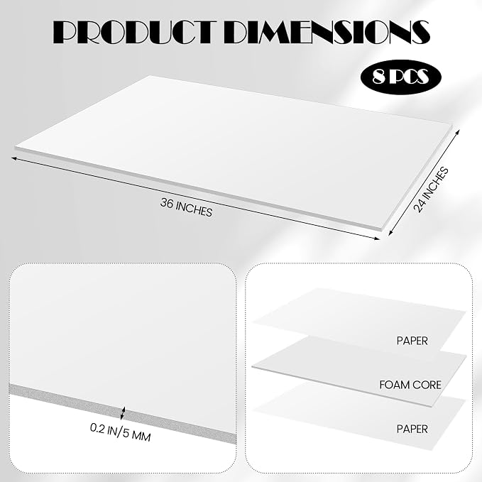 Elcoho 8 Pack White Foam Board, 24 x 36 Inch Acid-Free Foam Core Board - Image 2