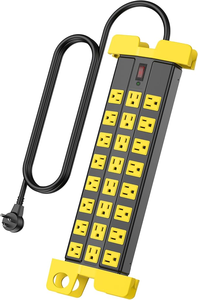 HHSOET Heavy Duty Power Strip with Surge Protection, Industrial Commercial Metal 24 Outlets Wall Mount for Garage Shop, 15 Amp, Switch, 6FT Extension Cord, Black.-DeskLoop Office
