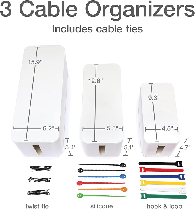 Oxford Cable Management Boxes, 3 Pack, 15 Cable Ties, Power Strip Organizer - Image 2