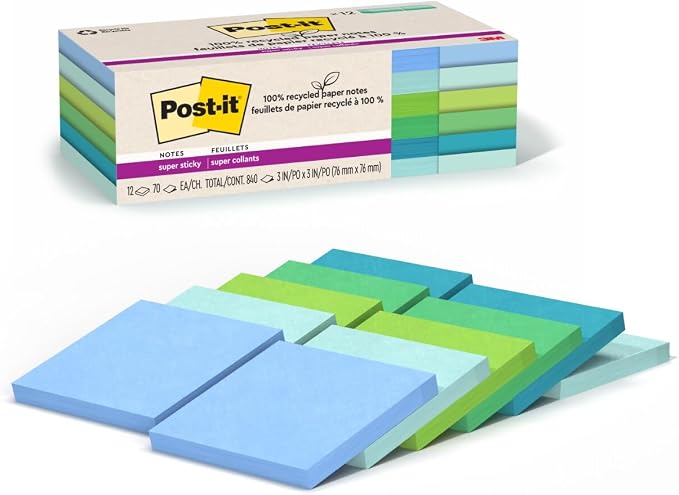 Post-it 100% Recycled Paper Super Sticky Notes, 3 in. x 3 in., 12 Pads by Unknown
