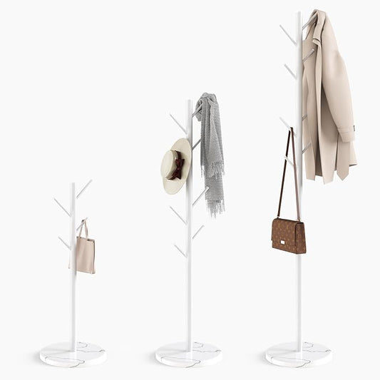 Coat Rack with Natural Marble Base, Metal Freestanding Coat Rack with 8 Hooks, 3 Adjustable Size Sturdy Coat Tree for Bags, Coats, and Hats for Entryway, Hallway, Bedroom, Office, White-DeskLoop Office